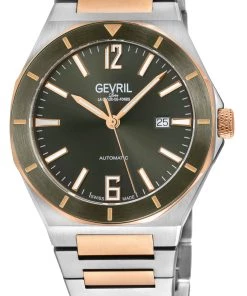 Flash Sale 🔥 Gevril Men's High Line Automatic ⌚ Watch Stainless Steel Case, Top ring in Green Sapphire Crystal, Two toned Stainless Steel IPRG Bracelet 😀